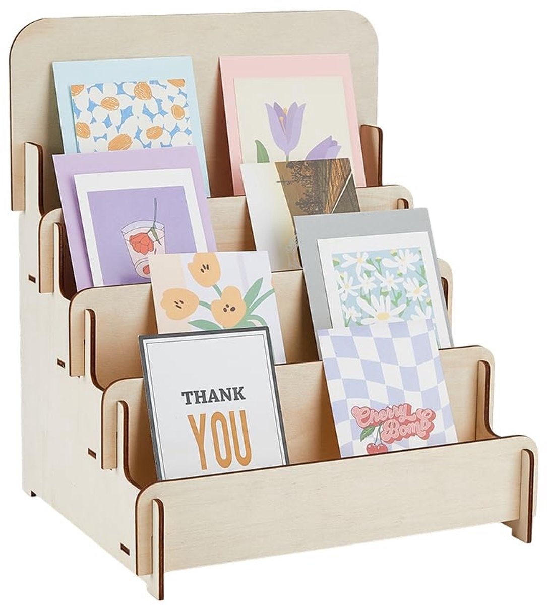 Dailygoods - Dailygoody - Standaard voor wenskaarten - Houten display - Multifunctioneel - 4 etages - Organiser voor ansichtkaarten - 26,5 x 28 cm - Geschikt voor .