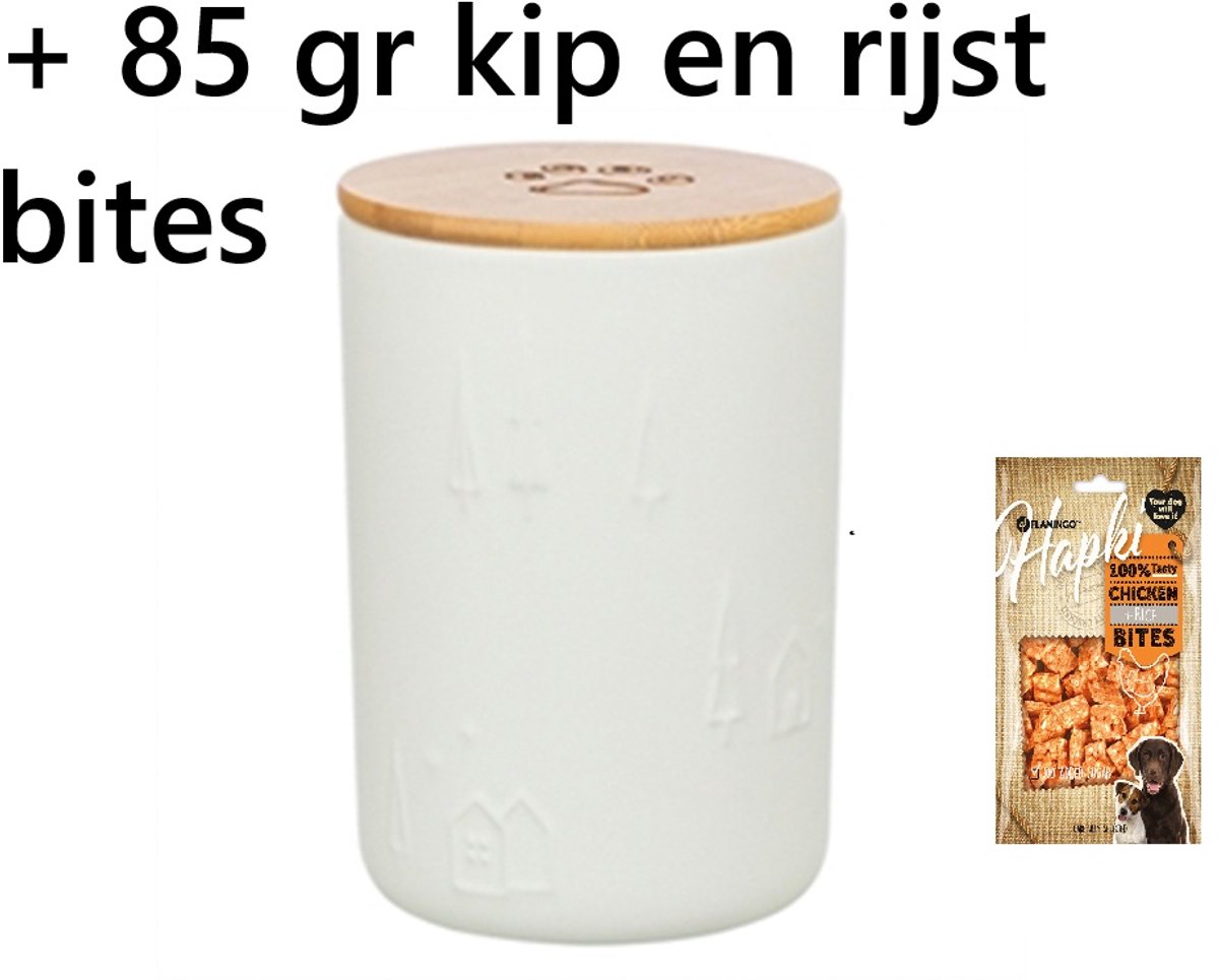 Cocapet snackpot, voorraadpot voor hondensnacks of....wit keramiek met enig relief detail - luchtdicht bamboe-deksel - 2.5 L - ** + zakje hapki chicken and rice bites 85 gr **