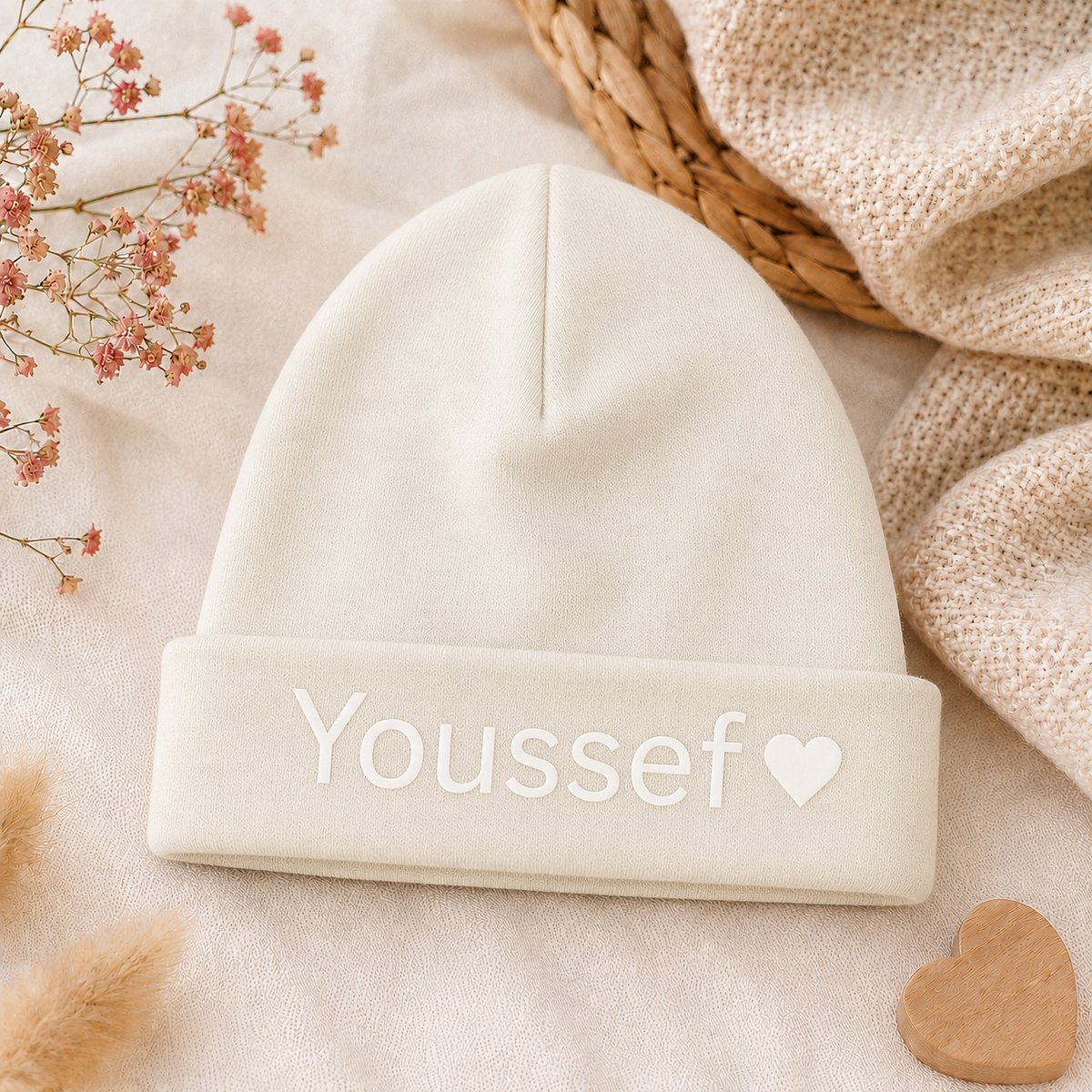 Babymutsje met Naam Ecru – Gepersonaliseerd Newborn Mutsje Ecru – Kraamcadeau Baby – Ecru Unisex