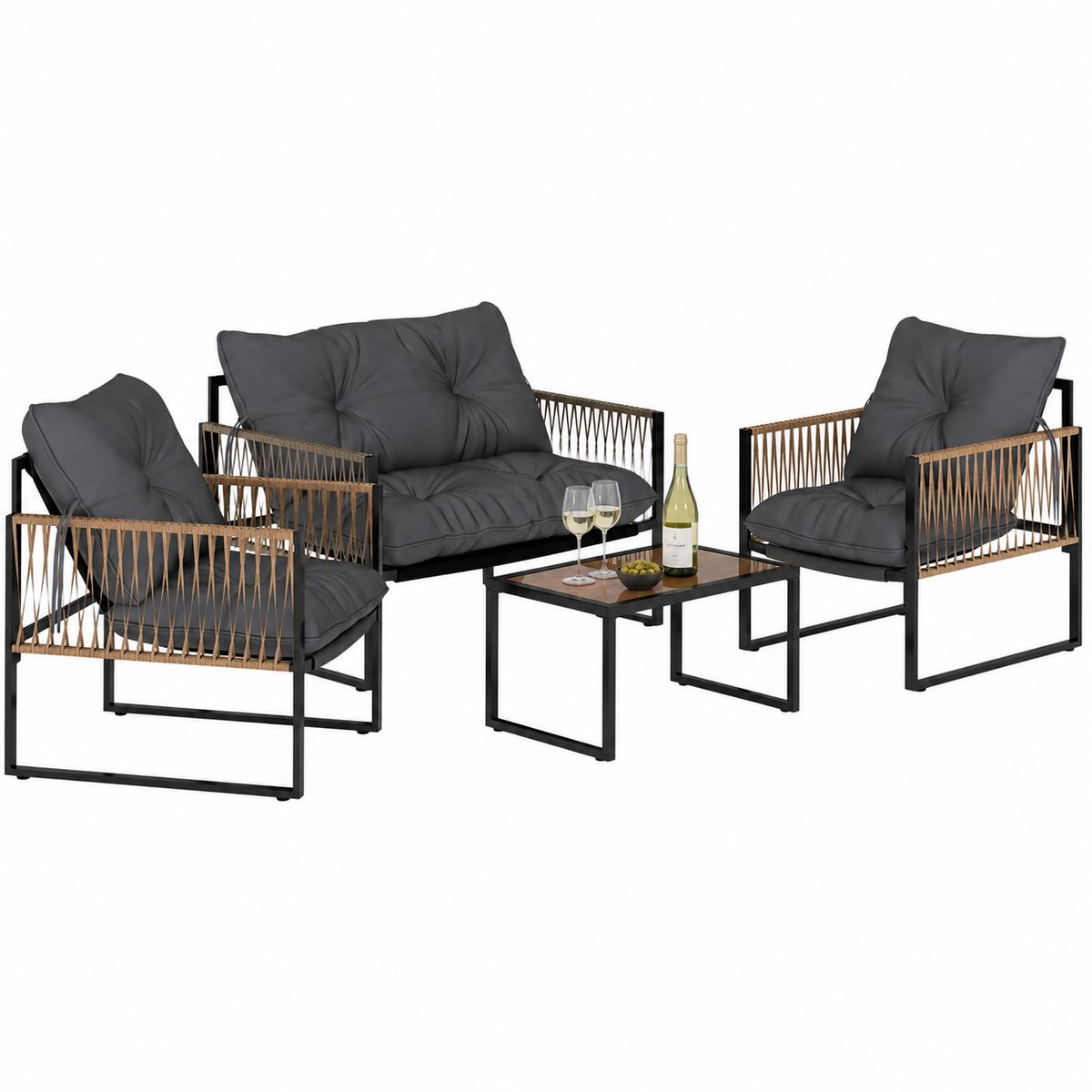 SmartLiving.Store - Tuinset - Loungeset - 2-Zitsbank, 2 Fauteuils, Salontafel met Glazen Blad - Met Kussens - 4 Personen - Antraciet
