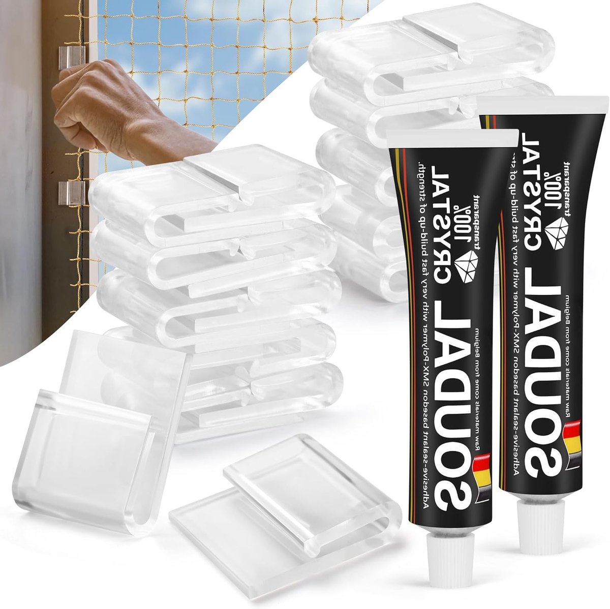 70 Transparante Plakhaakjes voor Kattennetten met 80 ml Sterke Silicone Lijm, Weerbestendig en UV-bestendig, Perfect voor Balkon en Zonder Boren