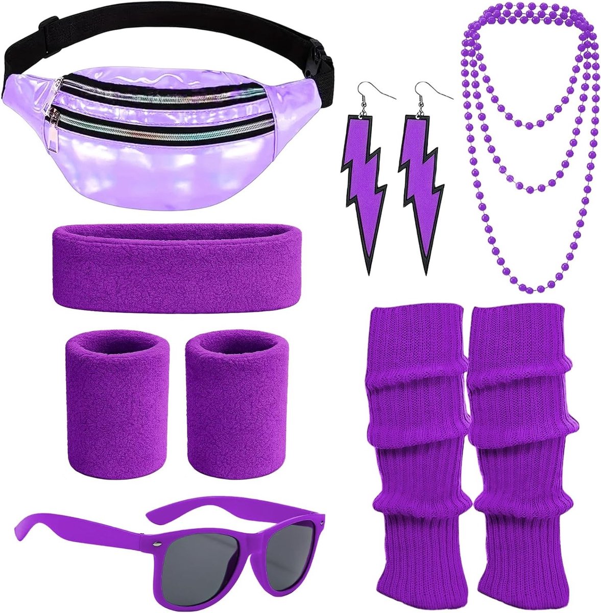 Jaren '80 en '90 kostuum voor dames met accessoires zoals hoofdband, armbanden en beenwarmers voor carnaval en neon feesten