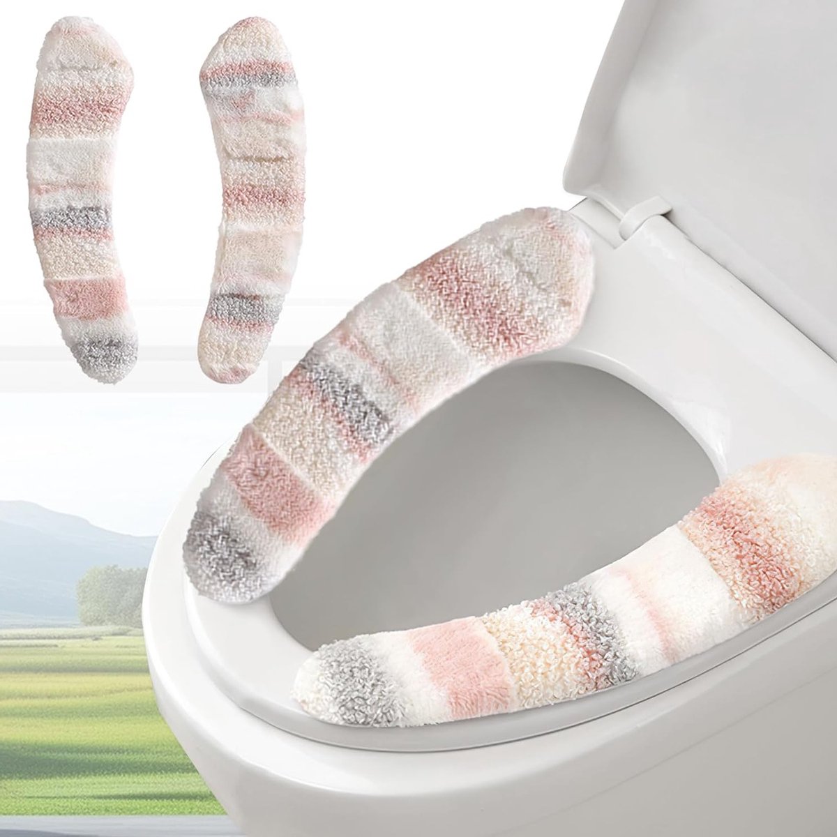 Zachte en Warme Toiletbrilhoes - Wasbaar en Herbruikbaar Kussen met TPR Lijm en Parallelle Strepen voor Comfort en Isolatie (Roze)
