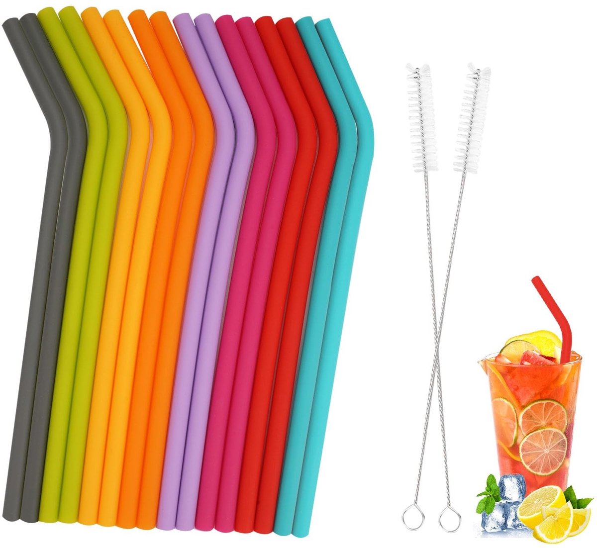 Dailygoods - Dailygoody - 16 stuks siliconen rietjes - herbruikbaar - gebogen en rechte buizen - diverse kleuren - ideaal voor smoothies - veilig en gemakkelijk te