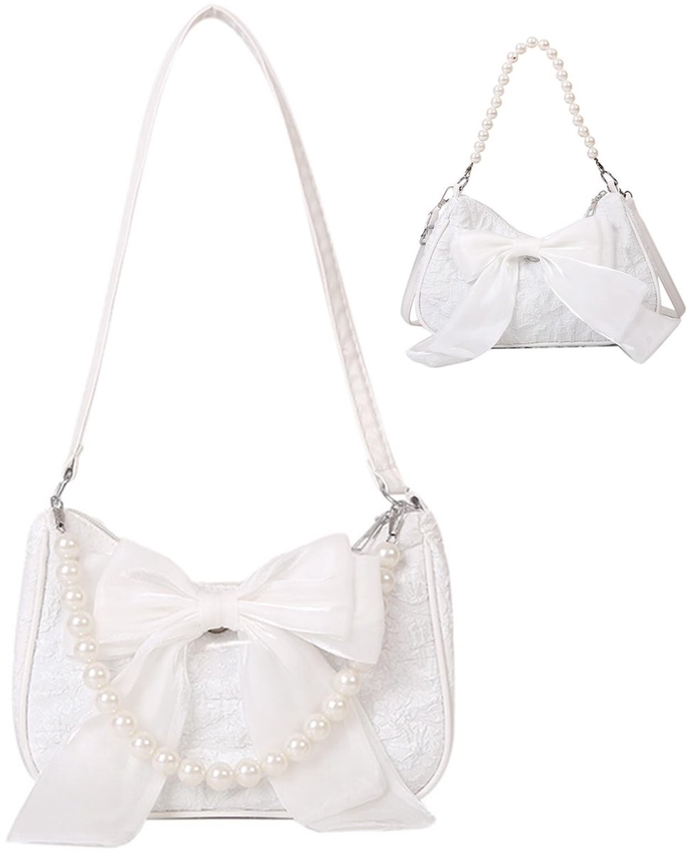 Dailygoods - Cosensi - Dailygoody - Pearl Handbag - Vintage Bow Tie - Compact en multifunctioneel - Wit - Dameshandtas - Ideaal voor uitgaan - Satchel model