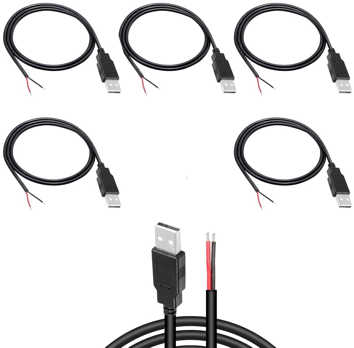 Dailygoods - Dailygoody - Pack van 5 USB Type A Pigtail Kabels 30 cm - 22 AWG, 5V 3A Oplaadkabel voor LED en Kleine Apparaten