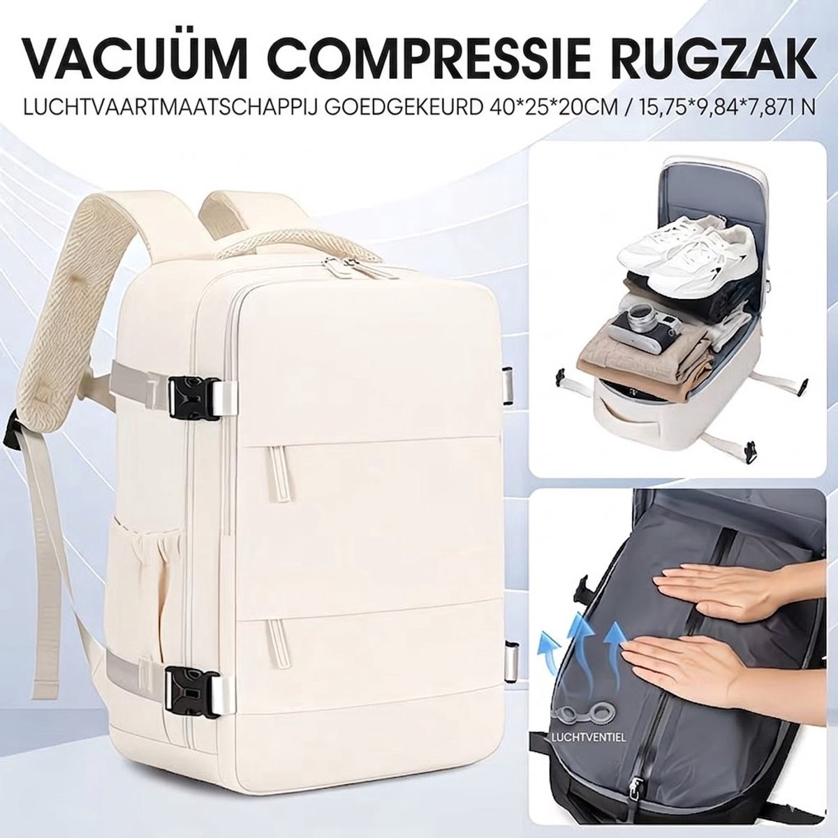Vacuümcompressie-rugzak — Waterdichte & opvouwbare reistas (40x25x20) — Unisex lichtgewicht reisrugzak — Schoudertas — Handbagage (cabineformaat)
