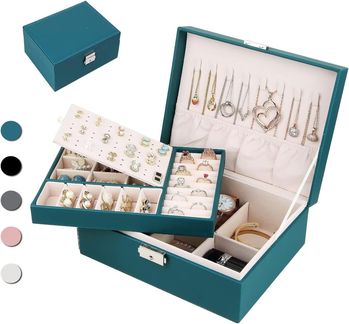 Grote Opbergdoos voor Sieraden, 2 Niveaus voor Kettingen, Ringen, Oorbellen en Armbanden (Groen)