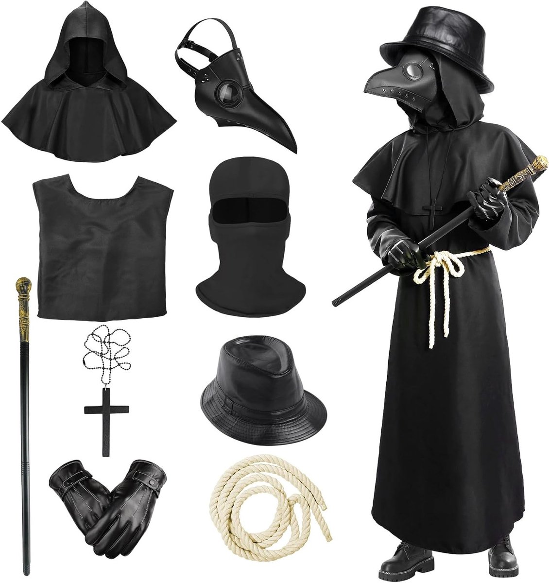 Halloween Plague Doctor Kostuum Set met Masker, Scepter, Hoed, Handschoenen en Kruis Ketting voor Cosplay en Feestjes
