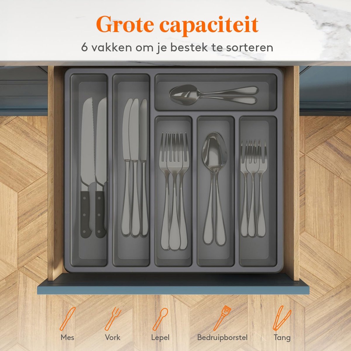 Dailygoods - Dailygoody - Besteklade - Bestekopbergdoos - Compact en functioneel - Grijs - Bestekorganizer - Geschikt voor keukenla - 6 compartimenten