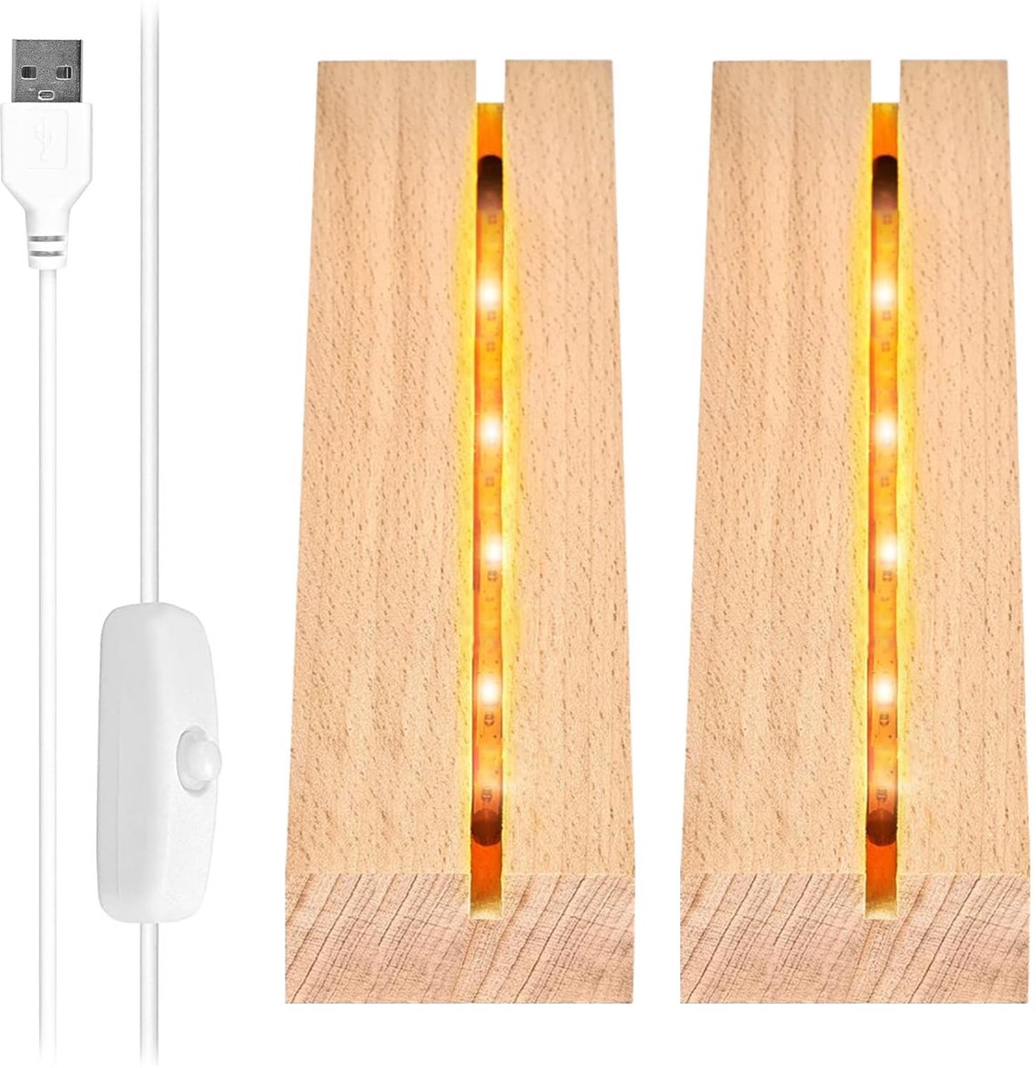 Dailygoods - Dailygoody - Led-sokkel - Houten sokkel met USB-schakelaar - Verlichte lampvoet - Warm licht - Tafeldisplay voor kunstwerken - Set van 2