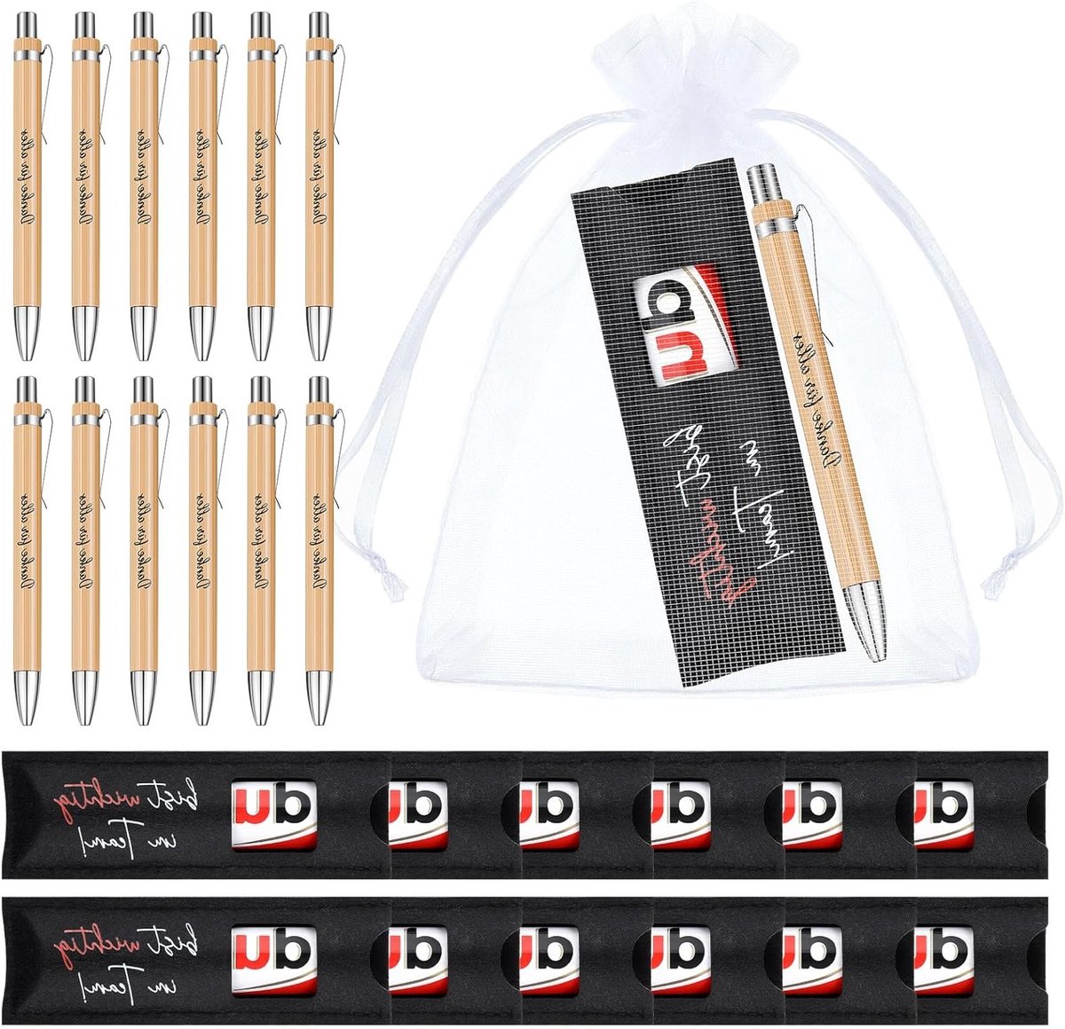 12 Sets Thank You Gift Felt Cover voor Duplo Chocolade Balpen met Muslin Pouch, zonder Chocolade (Zwart, Teamwaardering)