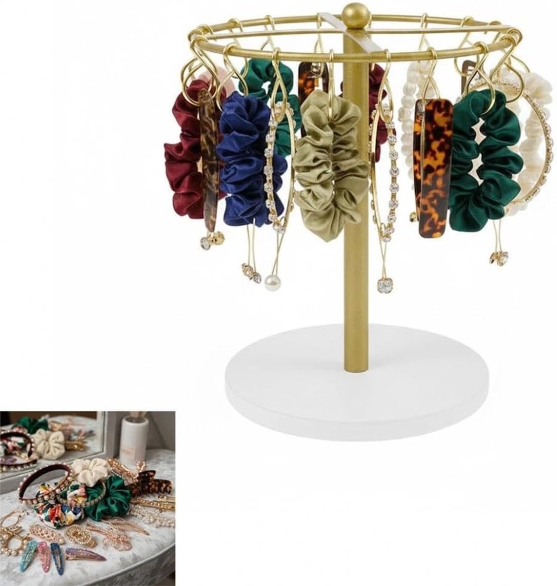 Goudkleurige sieradenstandaard met draaibare houder en houten sokkel voor haarspelden, ruimte voor 16 clips, ideaal voor slaapkamer en badkamer, perfect als cadeau