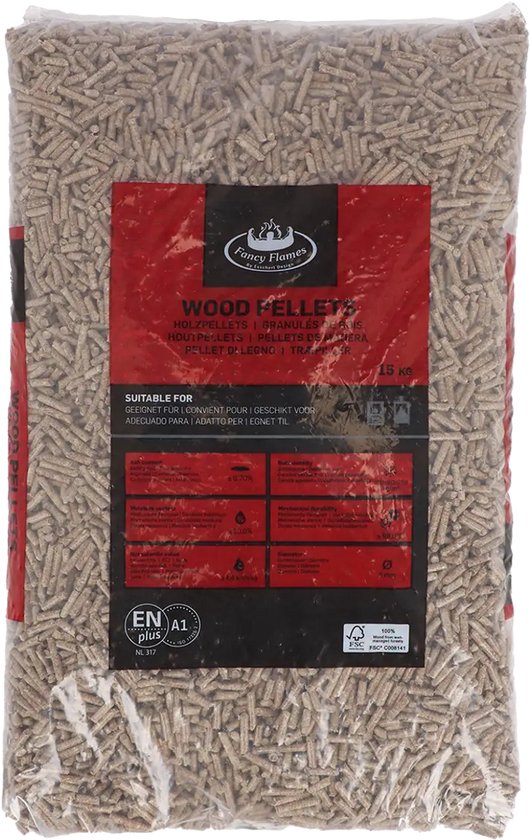 Zak Fancy Flames houtpellets van 15 kg, met rode voorkant en informatie over geschiktheid.