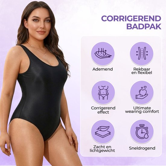 Mannequin en maillot de bain noir gainant ; caractéristiques : respirant, extensible, effet gainant, doux, léger, confort de port ultime, séchage rapide.
