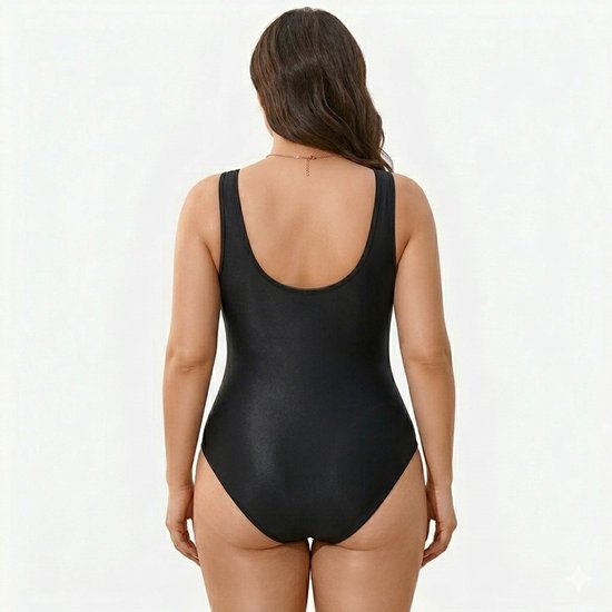 Vue arrière d'un mannequin portant un maillot de bain noir brillant.