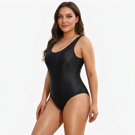 Mannequin portant un maillot de bain noir brillant, avec un collier.
