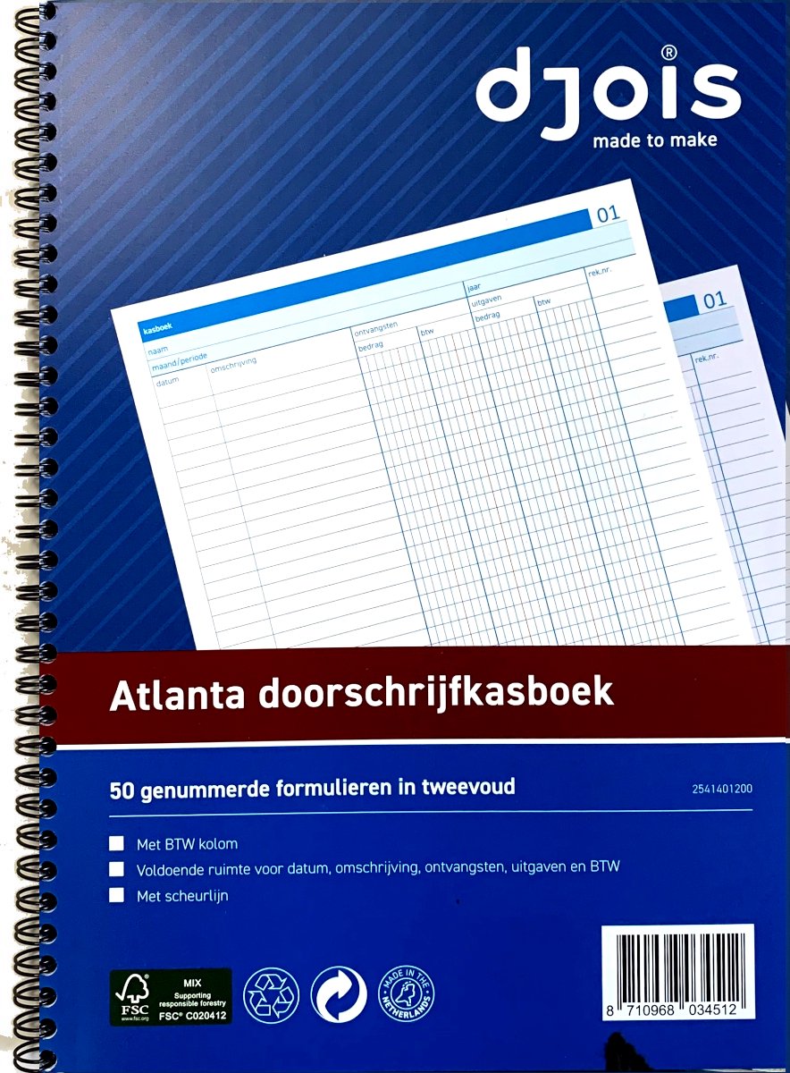 Kasboek A4 met 2 kolommen - Doorschrijfkasboek met BTW kolommen - 50x 2 vel