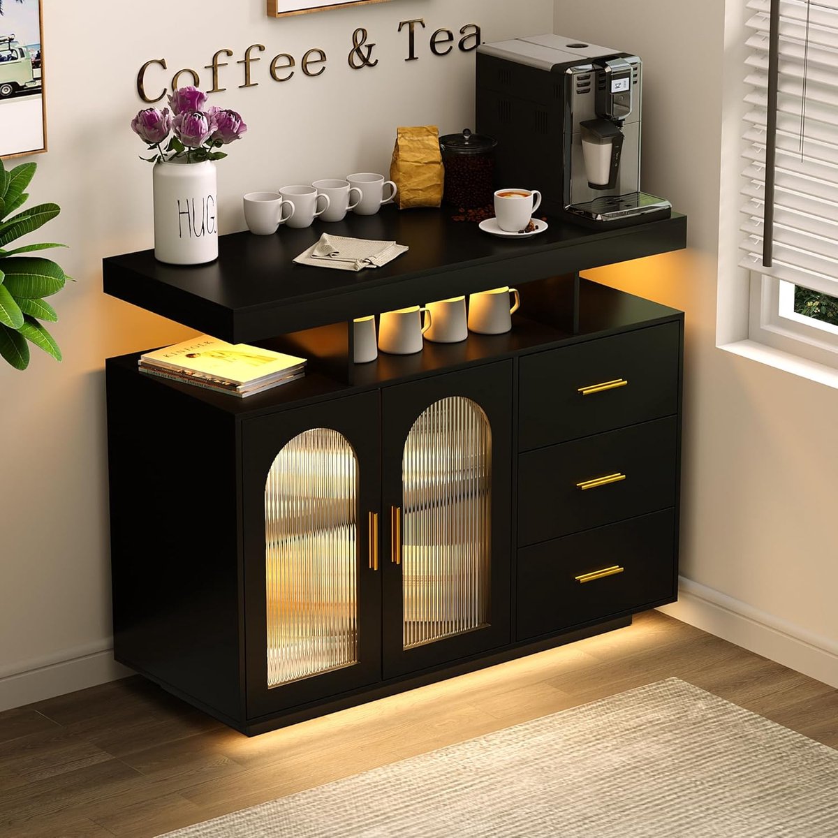Dressoir met LED Verlichting en Oplaadstation 100 x 40 x 80 cm Sideboard Kast met 3 Lades en 2 Deuren USB Type C en Draadloos Opladen Moderne Buffetkast Zwart Urbanhome