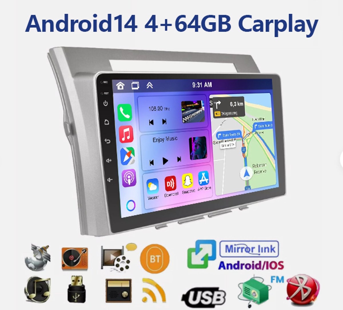 Autoradio - 9 inch Android 14 - Ondersteunt CarPlay en GPS-navigatie, ondersteunt AHD-camera + microfoon - Geschikt voor de Verso-modellen uit 2003-2009