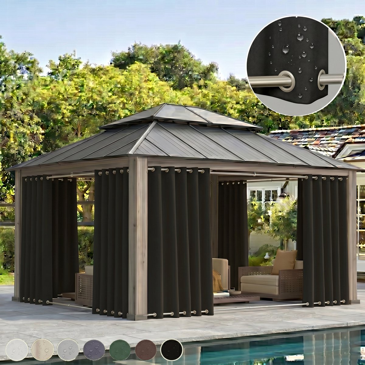 MUPOO Extra Brede Buitengordijnen Waterdicht & Stormbestendig 254cm - Met Dubbelzijdige Bevestiging tegen Wind - Verduisterend & UV Werend - Outdoor Gordijnen voor Terras & Pergola - 254x274 cm - Zwart - 1 Stuk (Rideau Extérieur Imperméable) Zwart-1 stuck