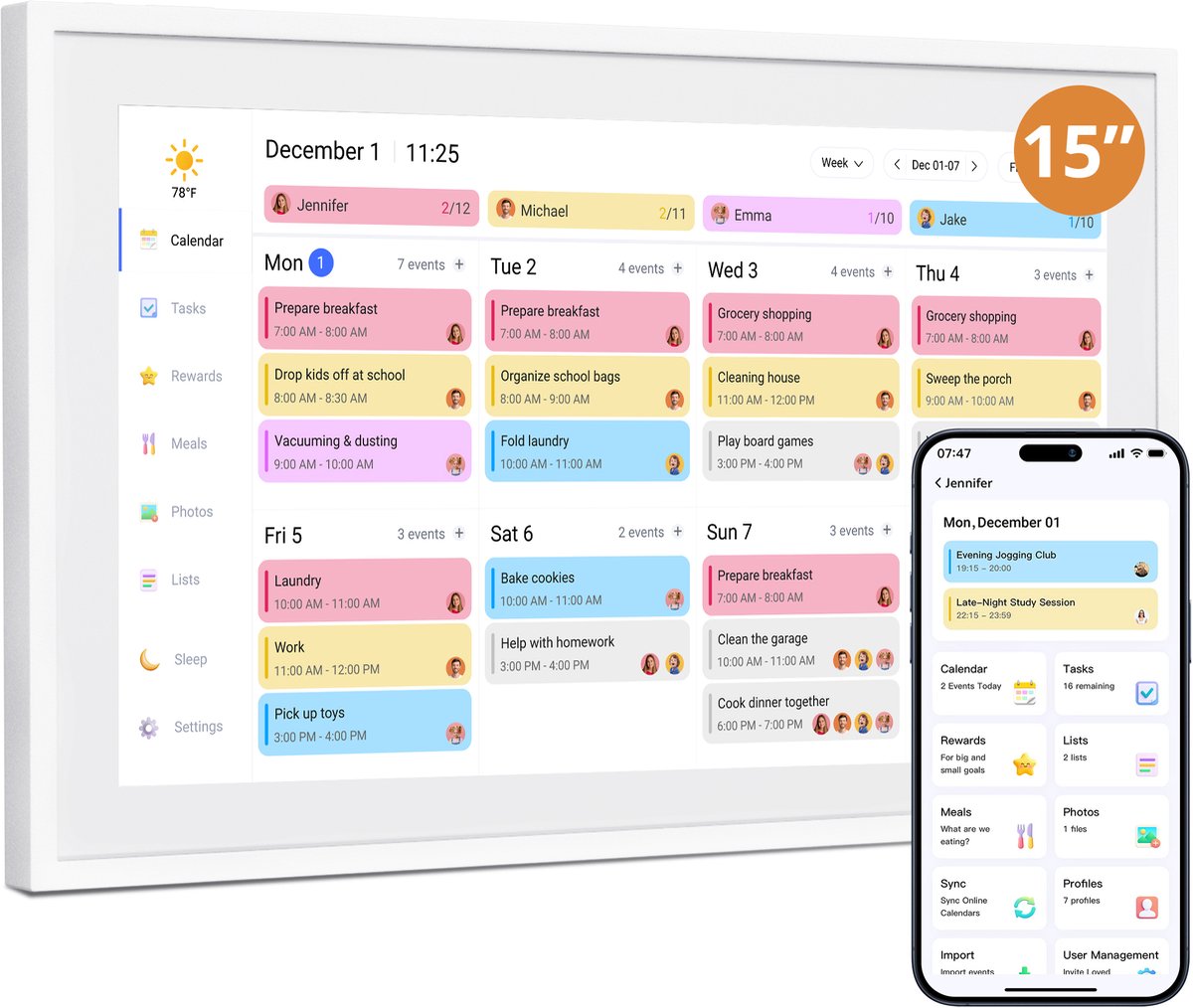 EKASN 15,6 inch Digitale Agenda & Fotolijst – 1920×1080 FHD Touchscreen – Familieplanner met To-Do Lijst & Maaltijdplanner – 32GB – Wandmontage Inclusief – Wit