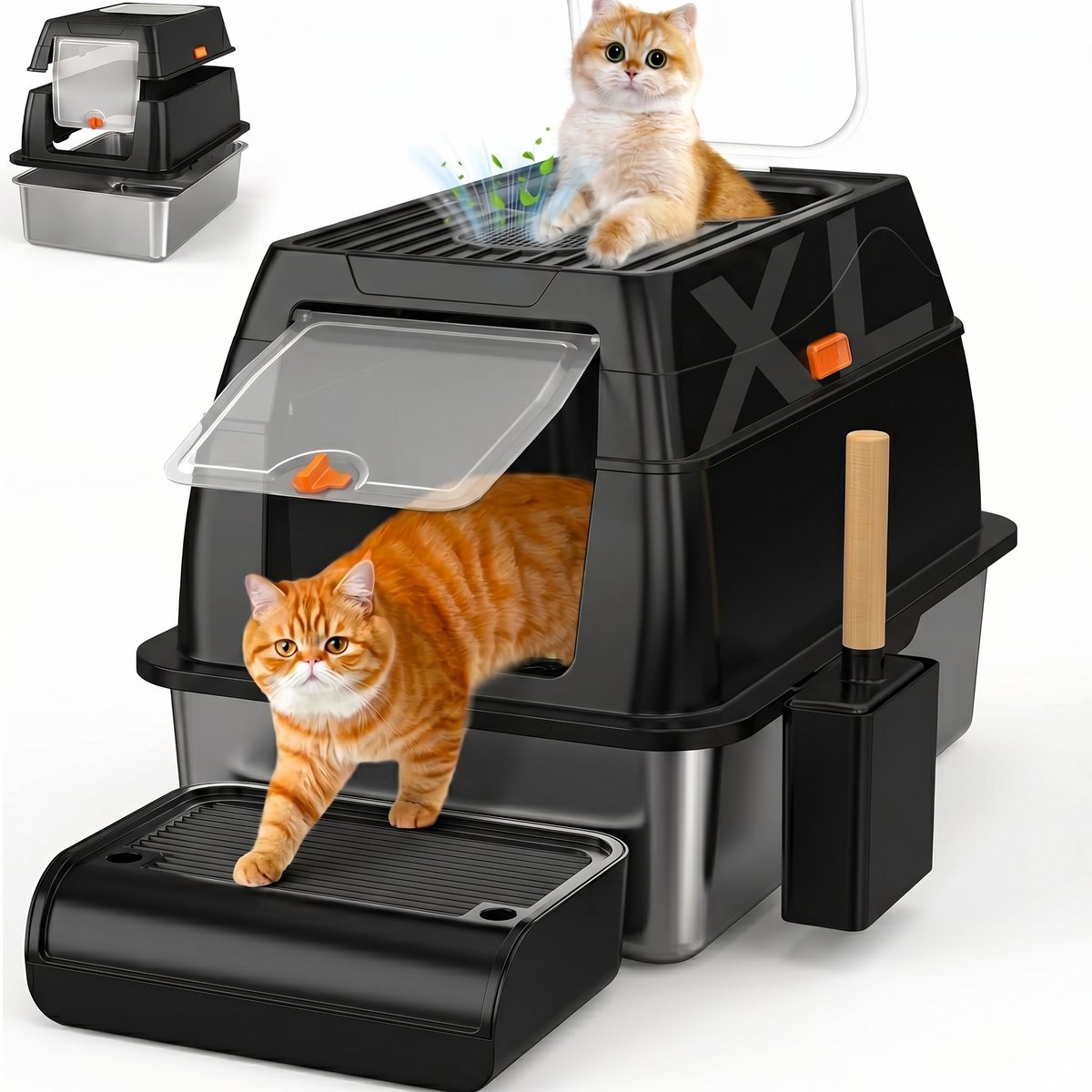 YYchan RVS Kattenbak XL - Open Kattenbak - Kattentoilet Roestvrijstaal - 60x40x45cm - Voor Grote Katten tot 7kg - Inclusief Luxe Mat & Schepje