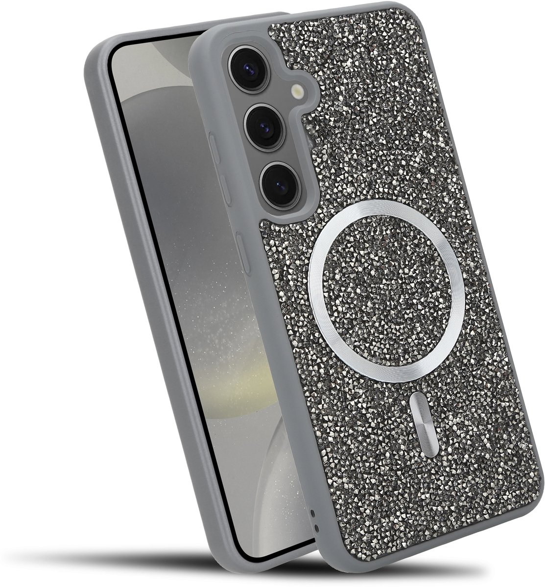 Hoesje geschikt voor Samsung Galaxy S24 PLUS in Grijs Diamant Glitter Stijl