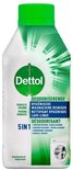 Bouteille blanche de nettoyant pour machine à laver Dettol avec bouchon vert et décoration à lignes vertes. L'étiquette affiche le texte 'NETTOYANT MACHINE À LAVER DÉSODORISANT'.