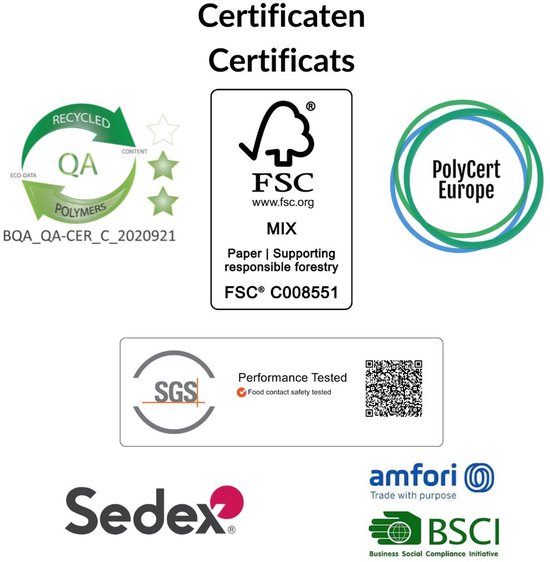 Certificaten: Recycled Content, FSC Mix Paper, PolyCert Europe, SGS Performance Tested Food contact safety tested, Sedex, Amfori BSCI.