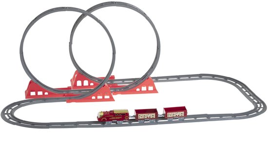Kersttreinset met rode en gouden locomotief en twee wagons, twee loopings en een ovaal spoor.