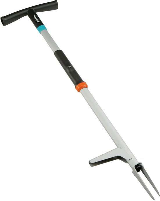 GARDENA onkruidsteker met zwart T-handvat, grijze steel met oranje en blauwe accenten.