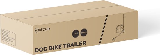 Grijze kartonnen doos met de tekst "DOG BIKE TRAILER" en het Outbee logo.