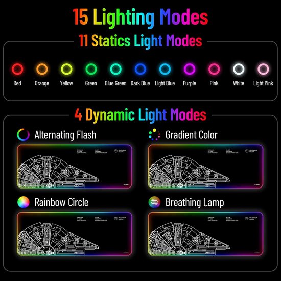 RGB Muismat - Bureaumat LED - Gaming Setup - Glad & Antislip Oppervlak - 76x30 cm - Zwart — afbeelding 2