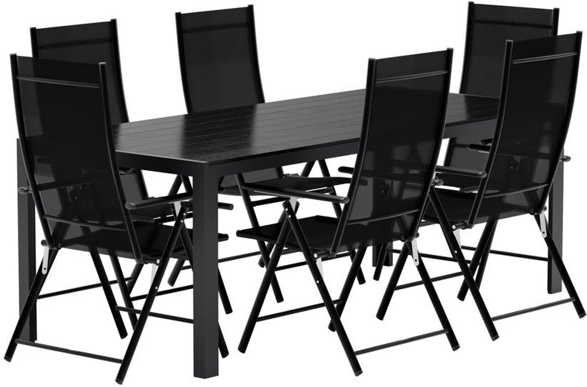 Svea - Reginald rechthoekige tuintafel - zwart + 6x Crystal tuinstoelen - zwart