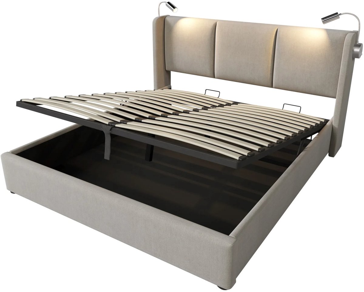 Norvia - Tweepersoonsbed - 160x200 CM - Met Leeslampjes - USB Oplaadfunctie - Gestoffeerd 
