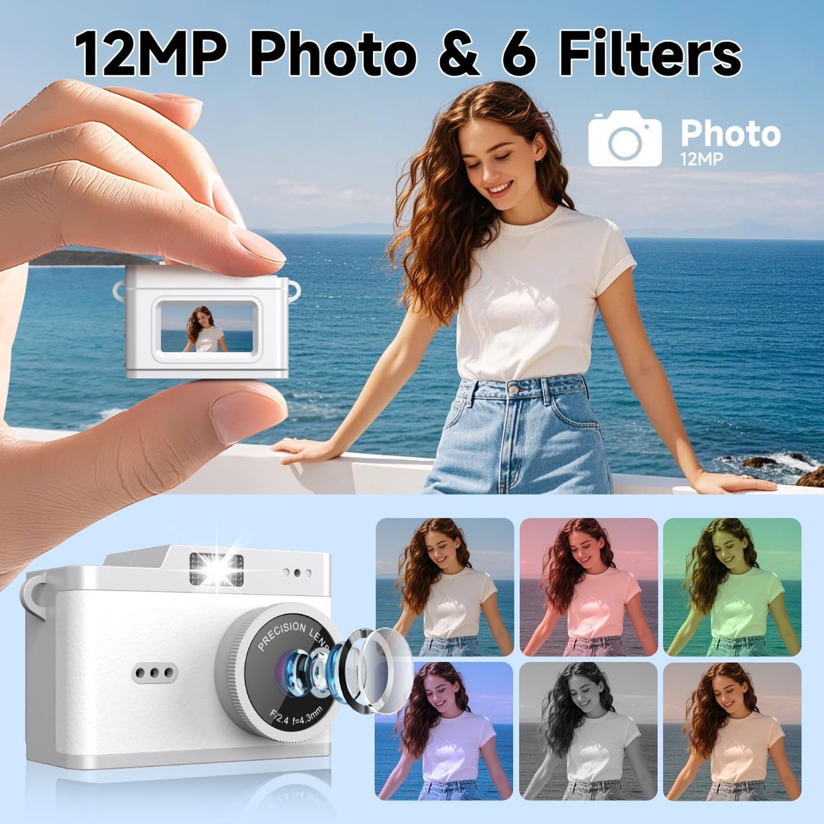 Mini Digitale Camera - 12MP 1080P FHD - Retro Fototoestel - 32GB - Wit - Compacte Pocket Camera - Vintage Digitale Camera - Kindercamera - Kleine Videocamera - Sleutelhanger Camera - Inclusief SD-kaart & Lanyard - Mini Camcorder thumbnail 5