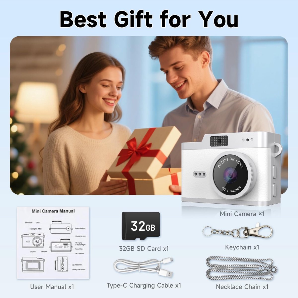 Mini Digitale Camera - 12MP 1080P FHD - Retro Fototoestel - 32GB - Wit - Compacte Pocket Camera - Vintage Digitale Camera - Kindercamera - Kleine Videocamera - Sleutelhanger Camera - Inclusief SD-kaart & Lanyard - Mini Camcorder thumbnail 3