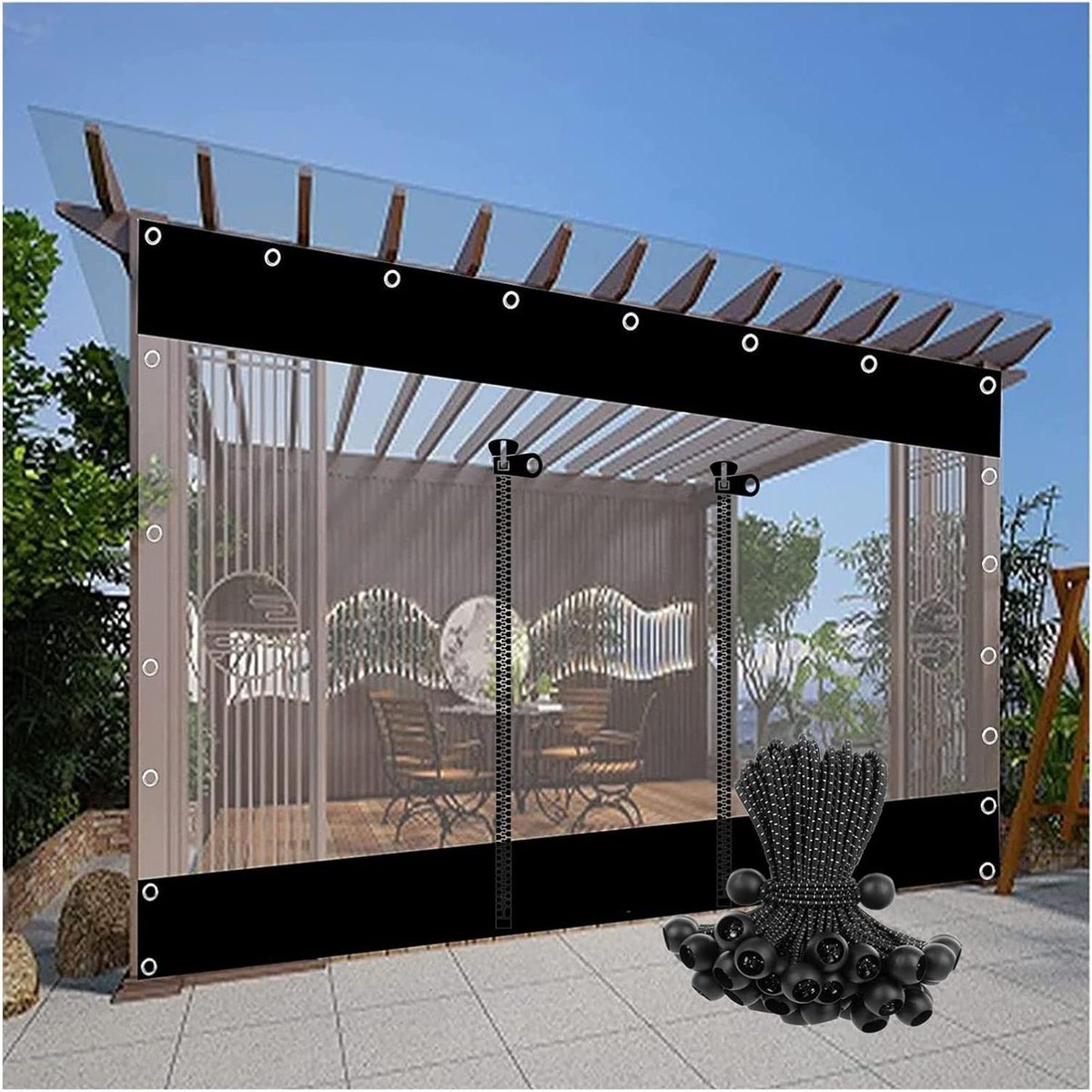 Waterdicht Buitengordijn - Zeildoek met Oogjes - Terras Beschermen - Transparant PVC Paneel - 210x250 cm - Zwart Transparant