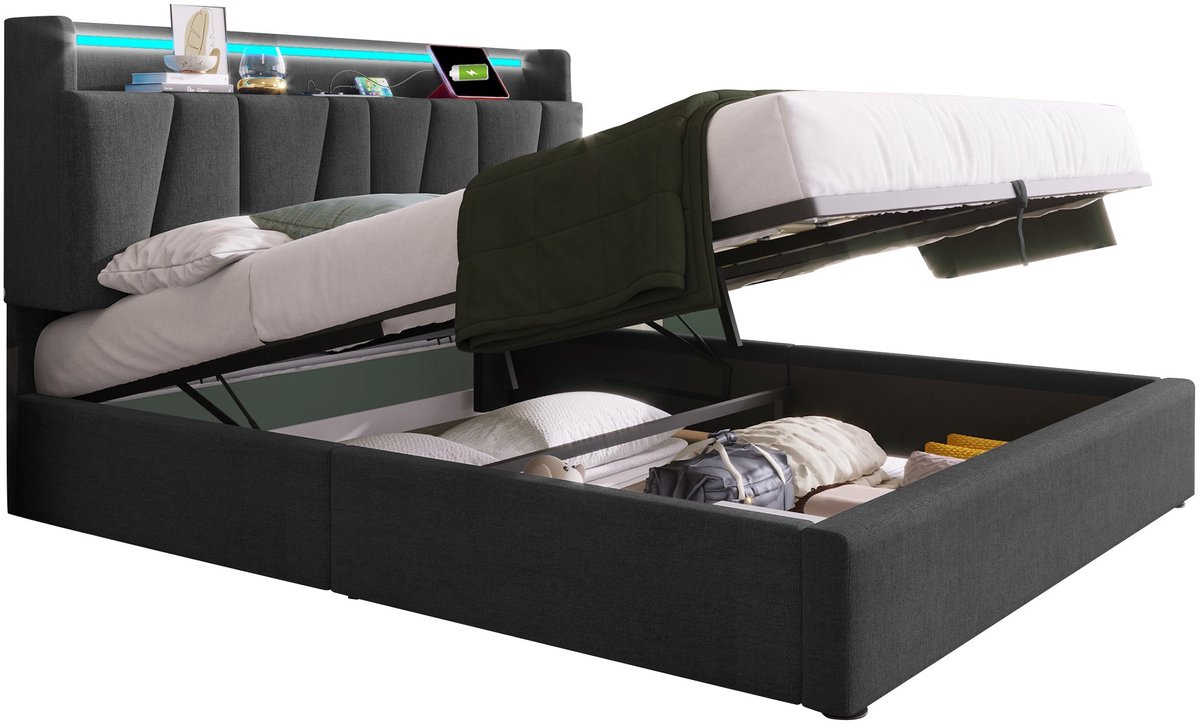 Merax Gestoffeerd Bed 140x190 cm - Bed met Opbergruimte - LED Verlichting met Afstandsbediening - Hoofdbord met Stopcontacten en USB-C - Grijs