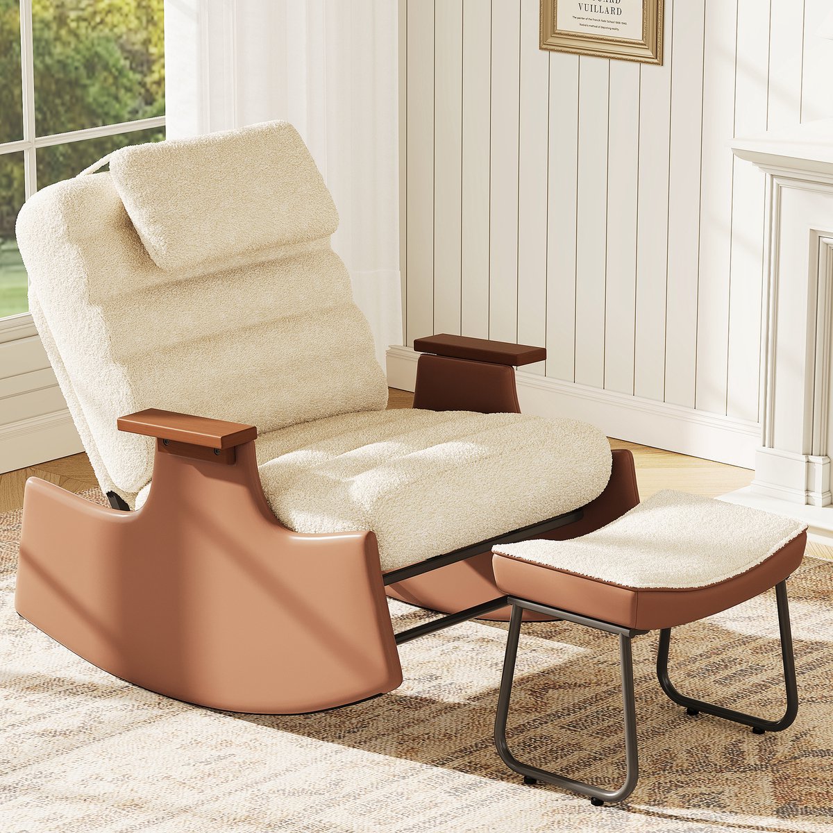 Schommelstoel - Loungestoel - Fauteuil - Verstelbare rugleuning in drie standen - Neksteun - Voetenbank - Beige en bruin (wollen stof)