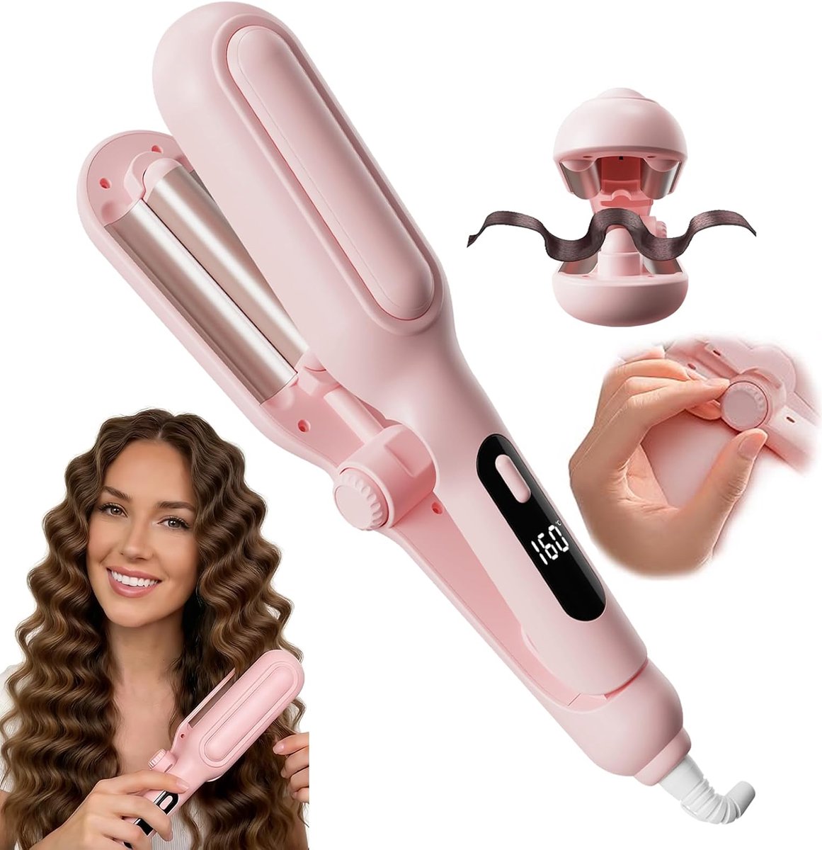 KZQ Roze Krultang Eivormige Haarstyler met Negatieve Ionen 3 Temperatuurstanden voor Franse Krullen en IJsgolven Professioneel Haarstyling Apparaat 220V 42W