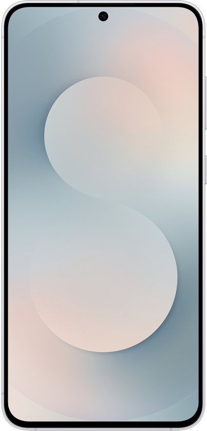 Witte smartphone met zilverkleurige rand, weergave van de voorkant met cameralens en scherm.