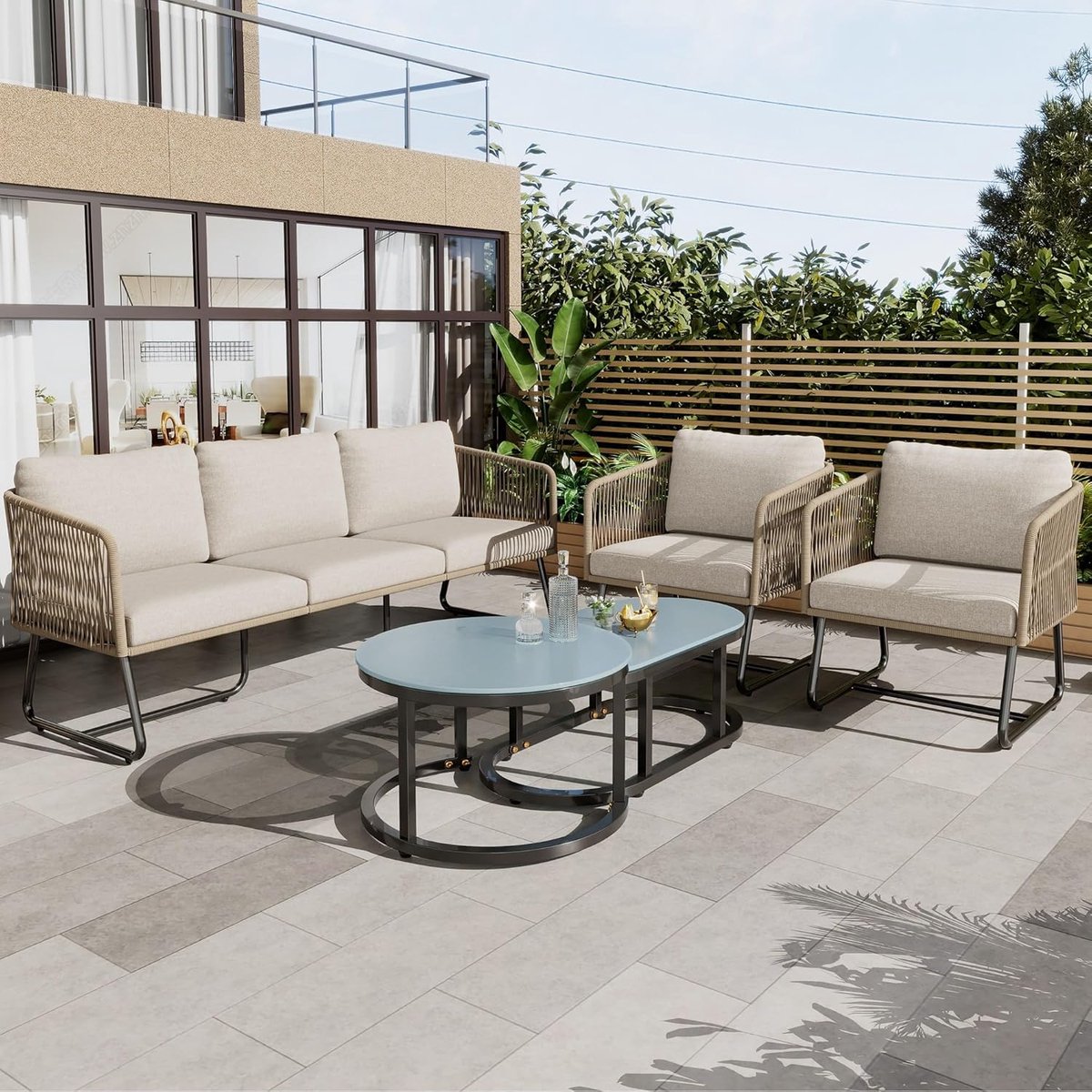 Loungeset Tuin 5-delig 166x60x76 cm Beige met Kussens en Glazen Tafels – Modern Rotan Touw Design – Weerbestendig – Nicolehome