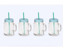 Cosy & Trendy Drinkbekers Set van 4 – Glazen Bekers met Oor, Blauw Geruit Deksel en Rietje – 350 ml