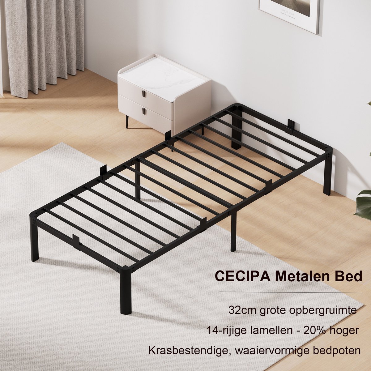 CECIPA Metalen Bed 90x200 cm - Minimalistisch Bedframe - Grote Opbergruimte - Stevig - Stil - Anti Slip - Eenpersoonsbedden - Eenvoudig te Monteren - IJzeren Bed - Duurzaam - Roestvrij - Zwart