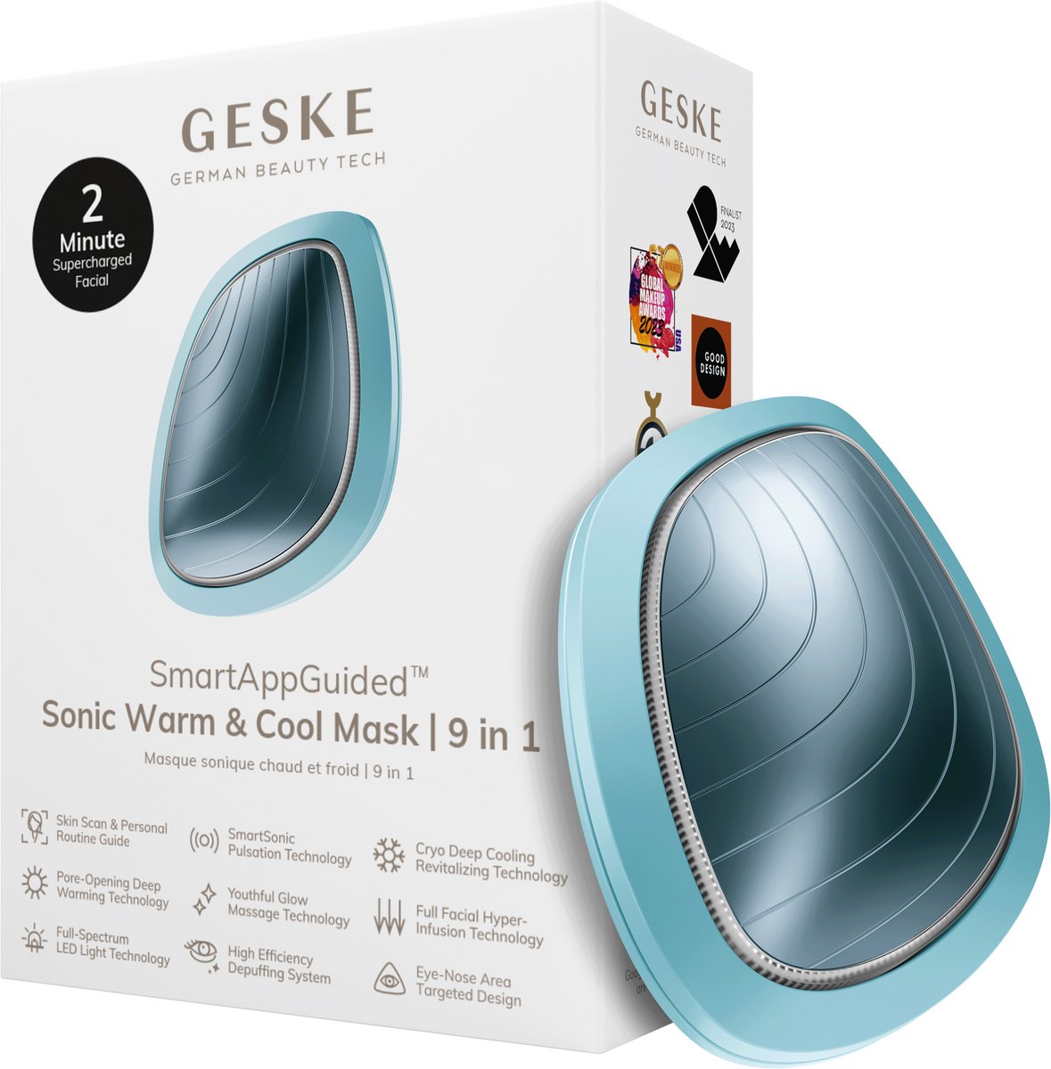 GESKE | SmartAppGuided™ Sonic Warm & Cool Mask | 9 in 1 | Beauty LED-gezichtsmasker | Volledig LED-spectrum en roodlichttherapie | Warmte | Koeling | Verhoogde inname van gezichtsverzorging