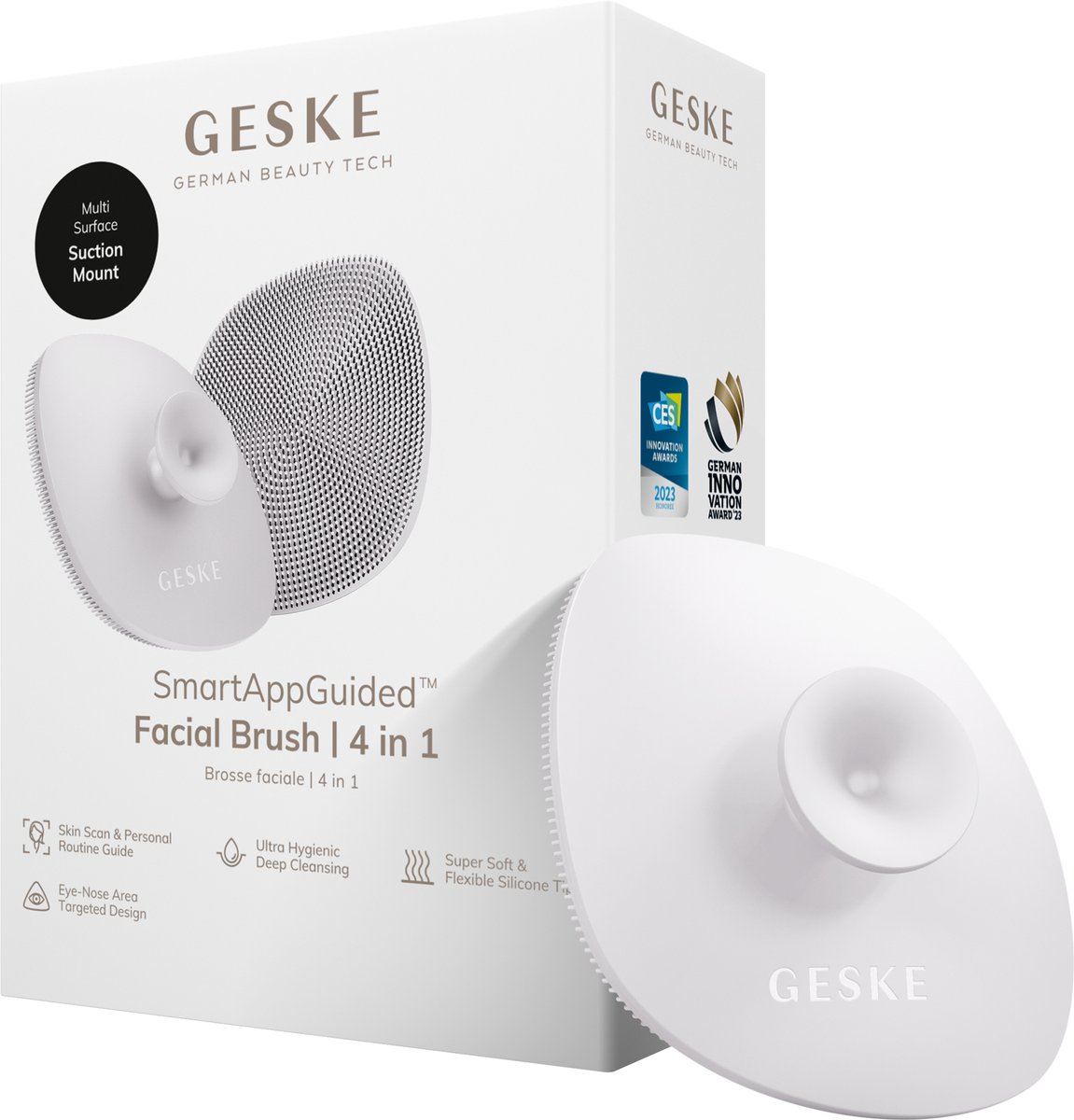 GESKE | SmartAppGuided™ Facial Brush 4 in 1 | Gezichtsreinigingsborstel met handvat | Zachte siliconen borstel | Professionele gezichtsreiniging | Gezichtsreinigingsapparaat | Huidreiniging