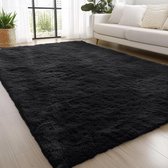 Tapis de salon Olanly - Tapis en fausse fourrure - Poils longs - Petit tapis doux et moelleux - 122x183 cm - Rectangulaire - Noir