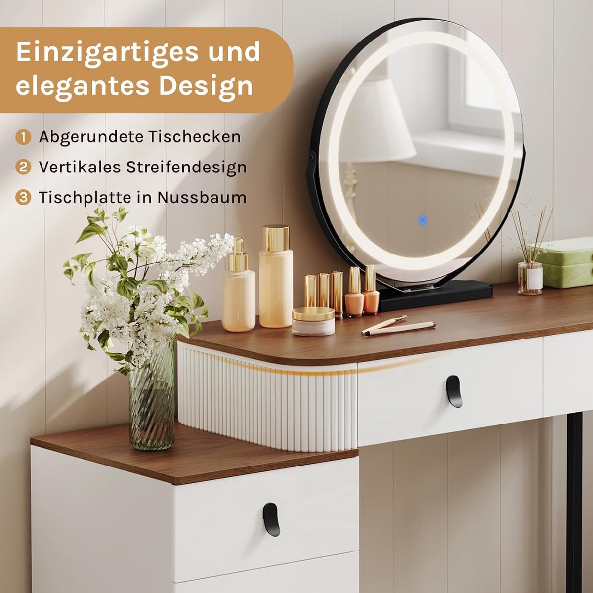 Kaptafel met Spiegel en LED Verlichting – ABTKantoor Luxe 2-in-1 Make-up Tafel 125 cm met 5 Laden, Instelbare Lichtkleuren, Flexibele Kast en Bureaufunctie – Bruin/Wit/Zwart 125x40x100 cm